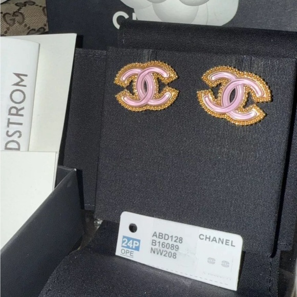 CHANEL Jewelry - CHANEL 24P Pink and Gold CC Resin Stud Earrings